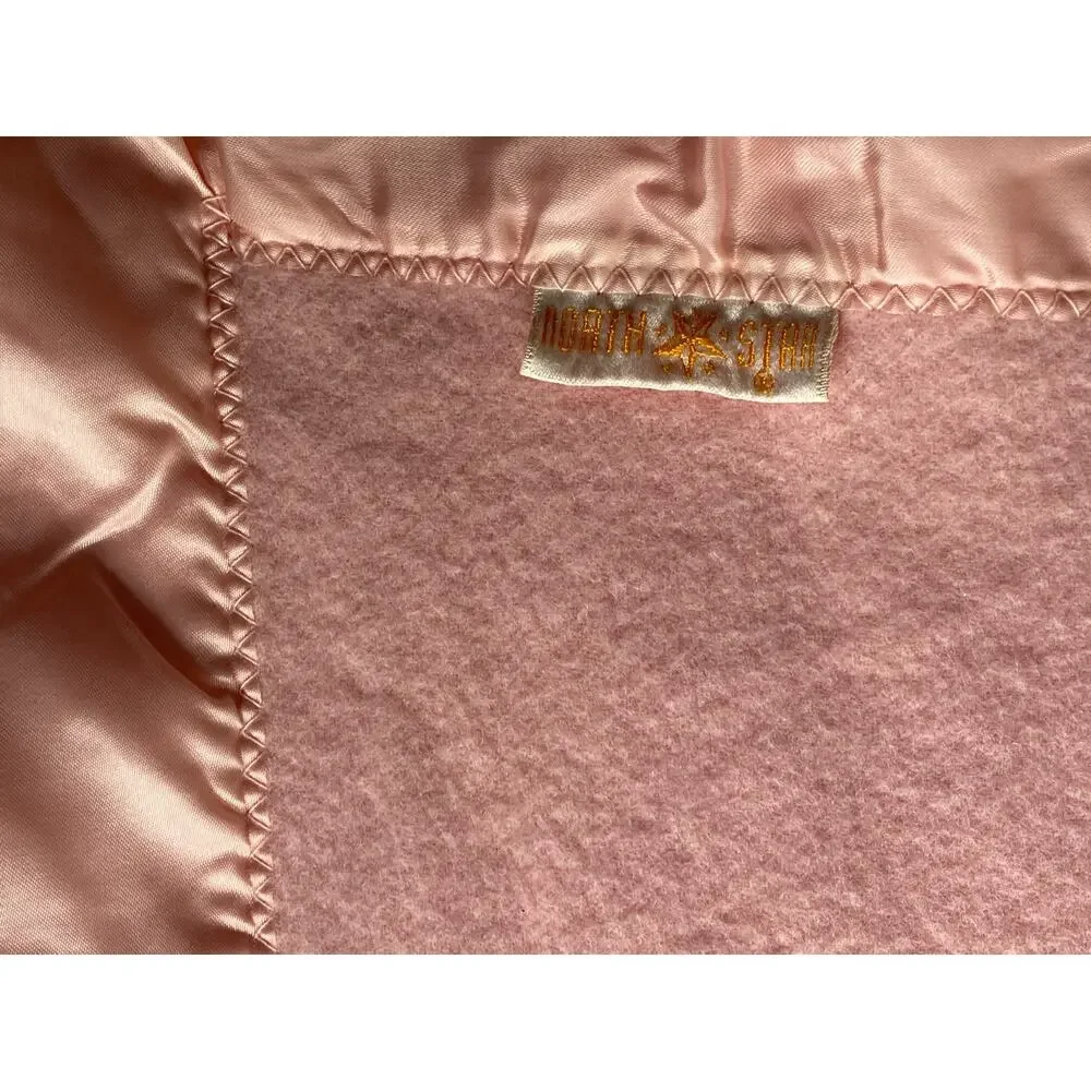 NORTH STAR Blanket Wool Satin Boarder Trim Lap Throw Pink Baby VTG 57